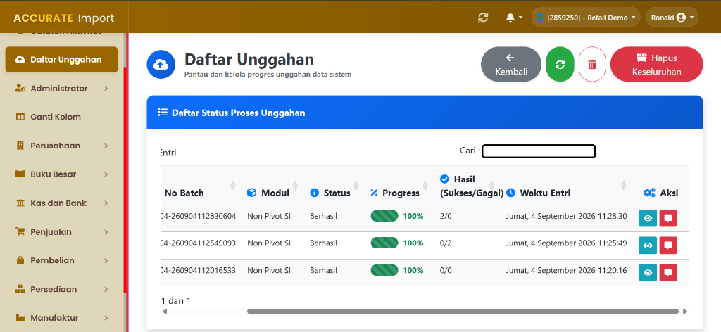 Daftar Unggahan & Status Proses Transaksi Accurate