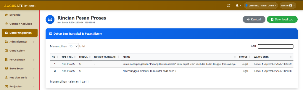 Rincian Pesan Proses & Log Validasi Sistem